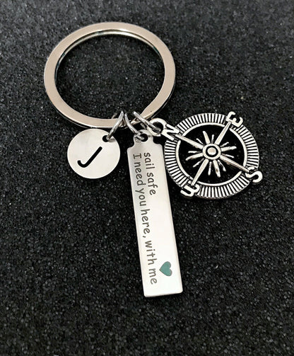 Sailor gift, Sail Safe keychain, Compass charm, Lon distance gift, Gift for Sail safe I need here with me, Gift for Husband, Boyfriend gift